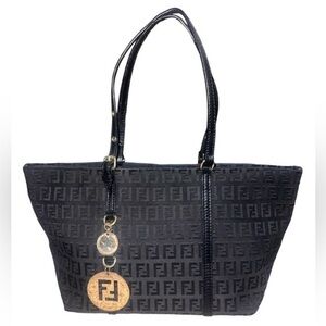 {EUC Fendi Black Zucchino Monogram Canvas Mini Tote Leather Handles Charm}